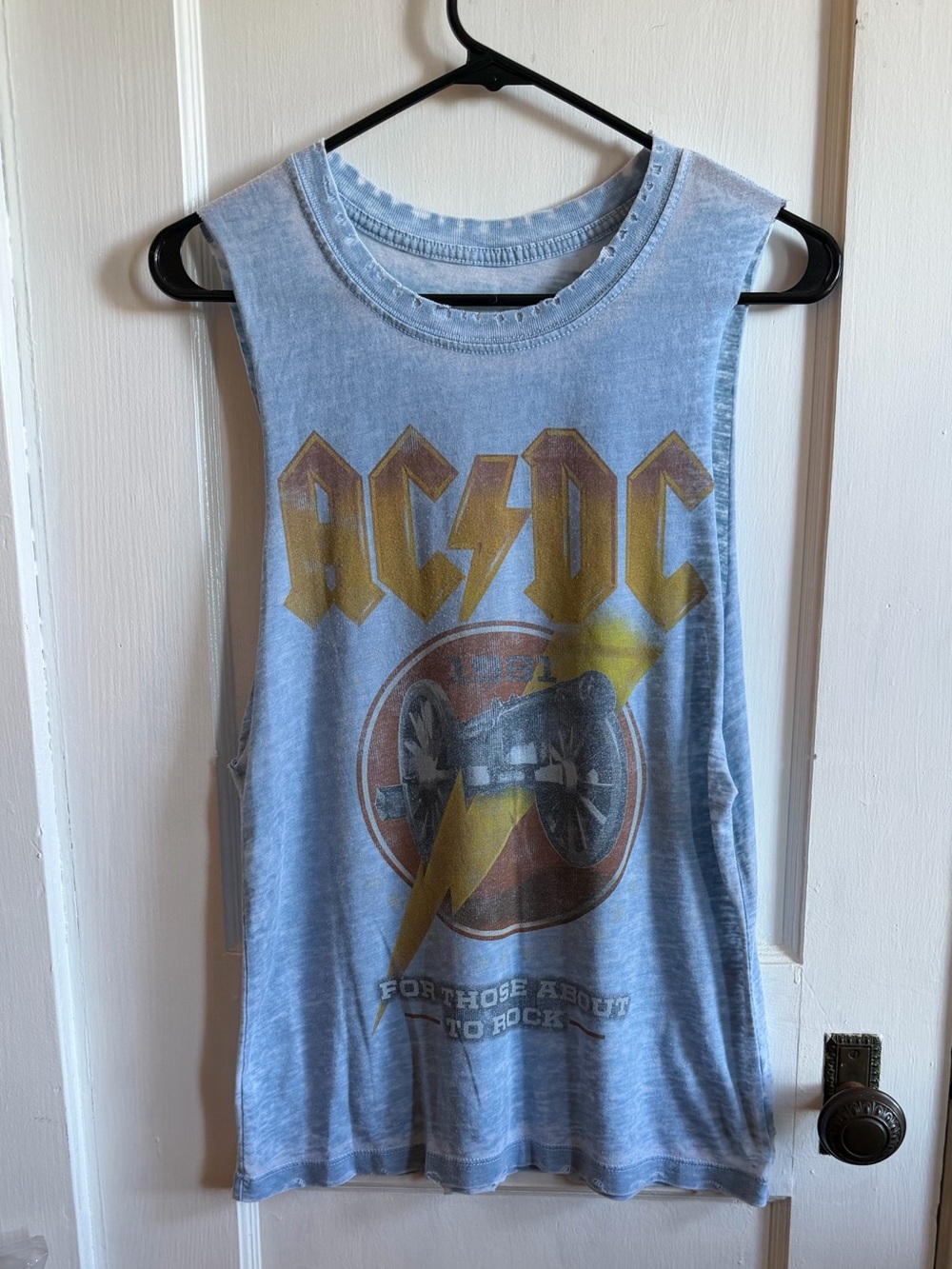 MadeWorn Light Blue AC/DC Graphic Tank with Yellow and Brown Print
